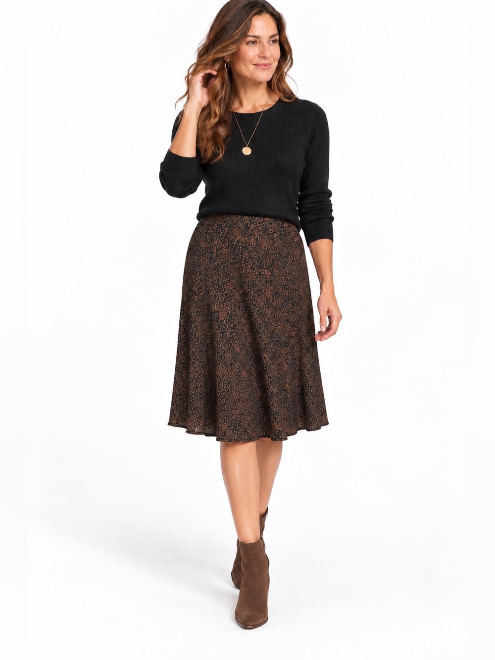 NEW J Jill Floral Midi Skirt Chocolate Brown Women S Office Flowy Botanical Fall